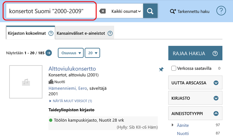 Perushaku hakusanoilla konsertot Suomi 2000-2009.